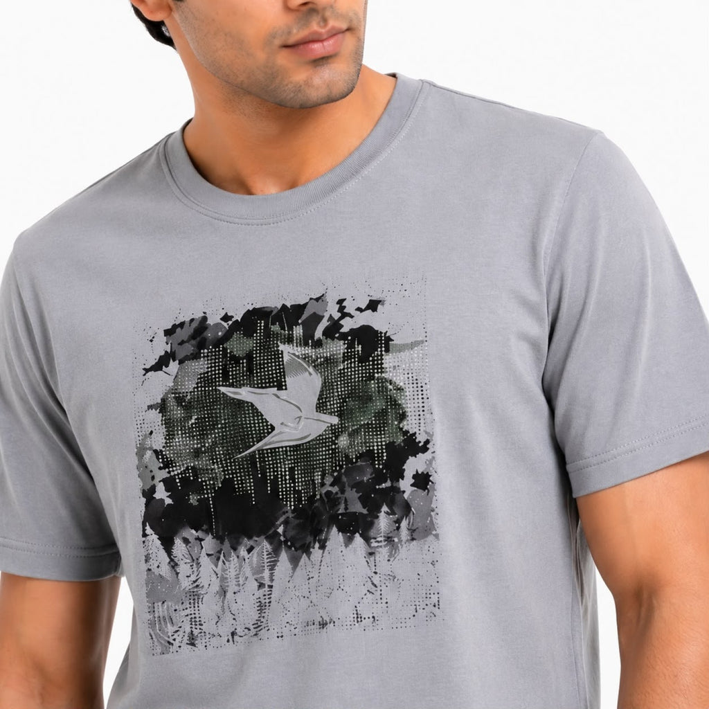 Men's Grey Abstract Bird Graphic Crew Neck T-Shirt-2