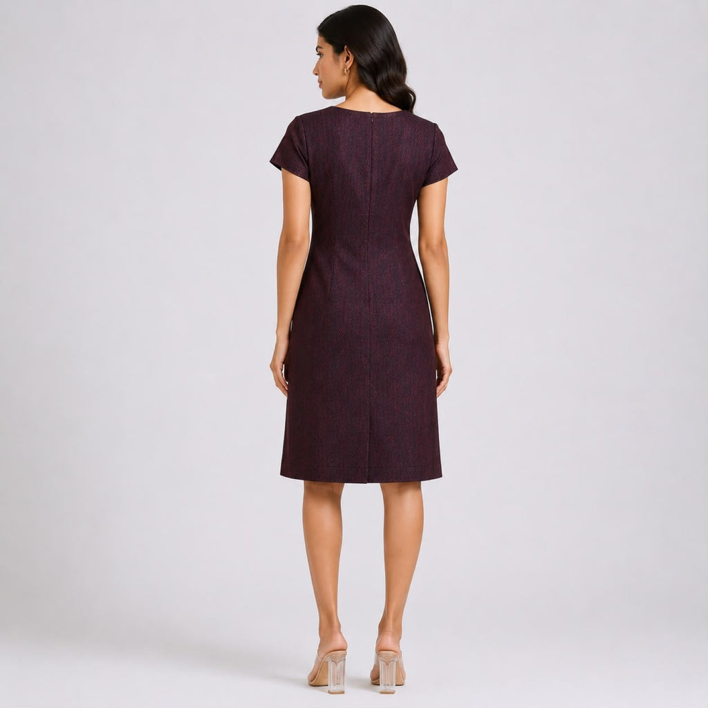 Women's Sophisticated Wine Textured Sheath Dress with Embellished Bodice-4