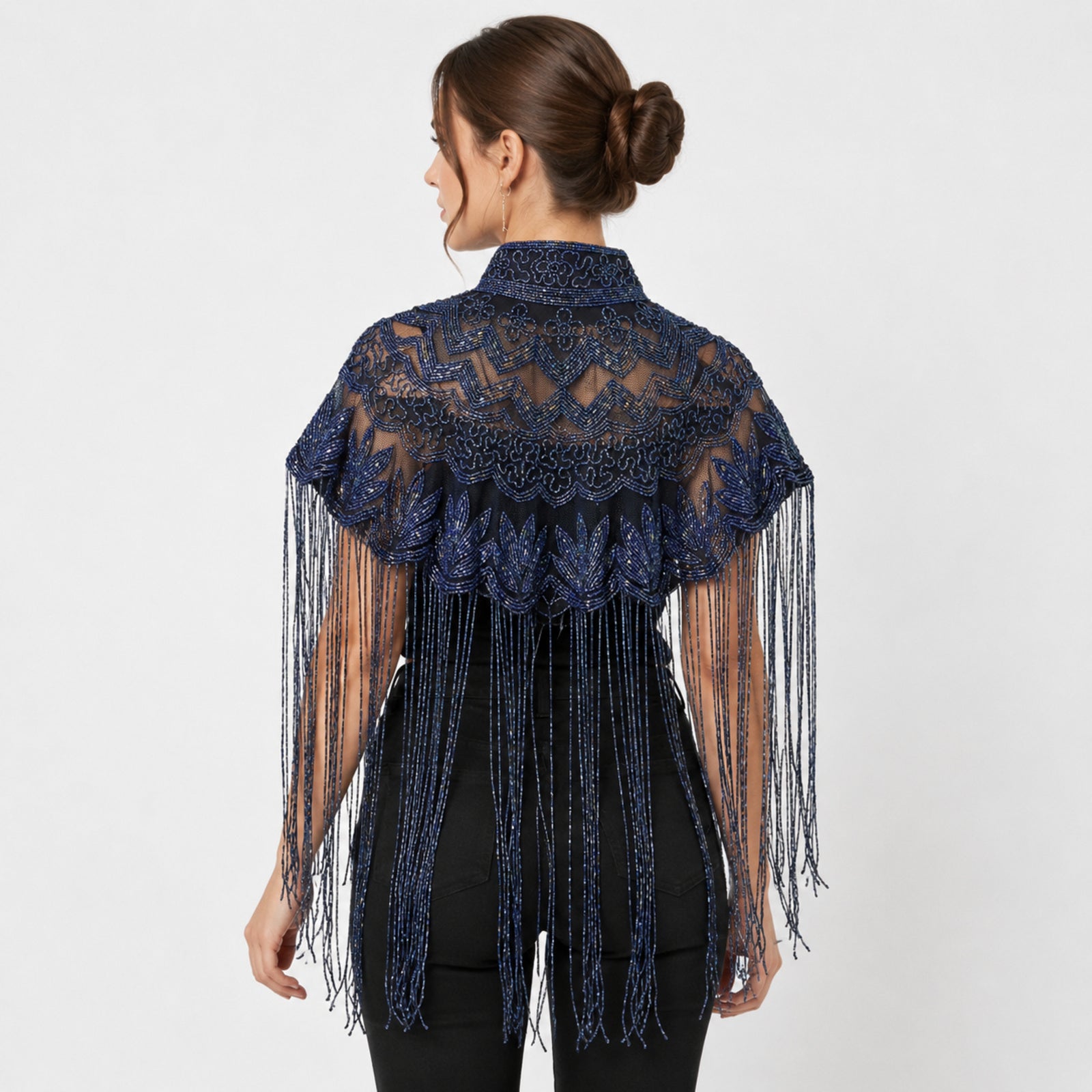 Women's Elegant Hand-Embroidered Mock Neck Navy Blue Cape with Metallic Fringe Tassel-4