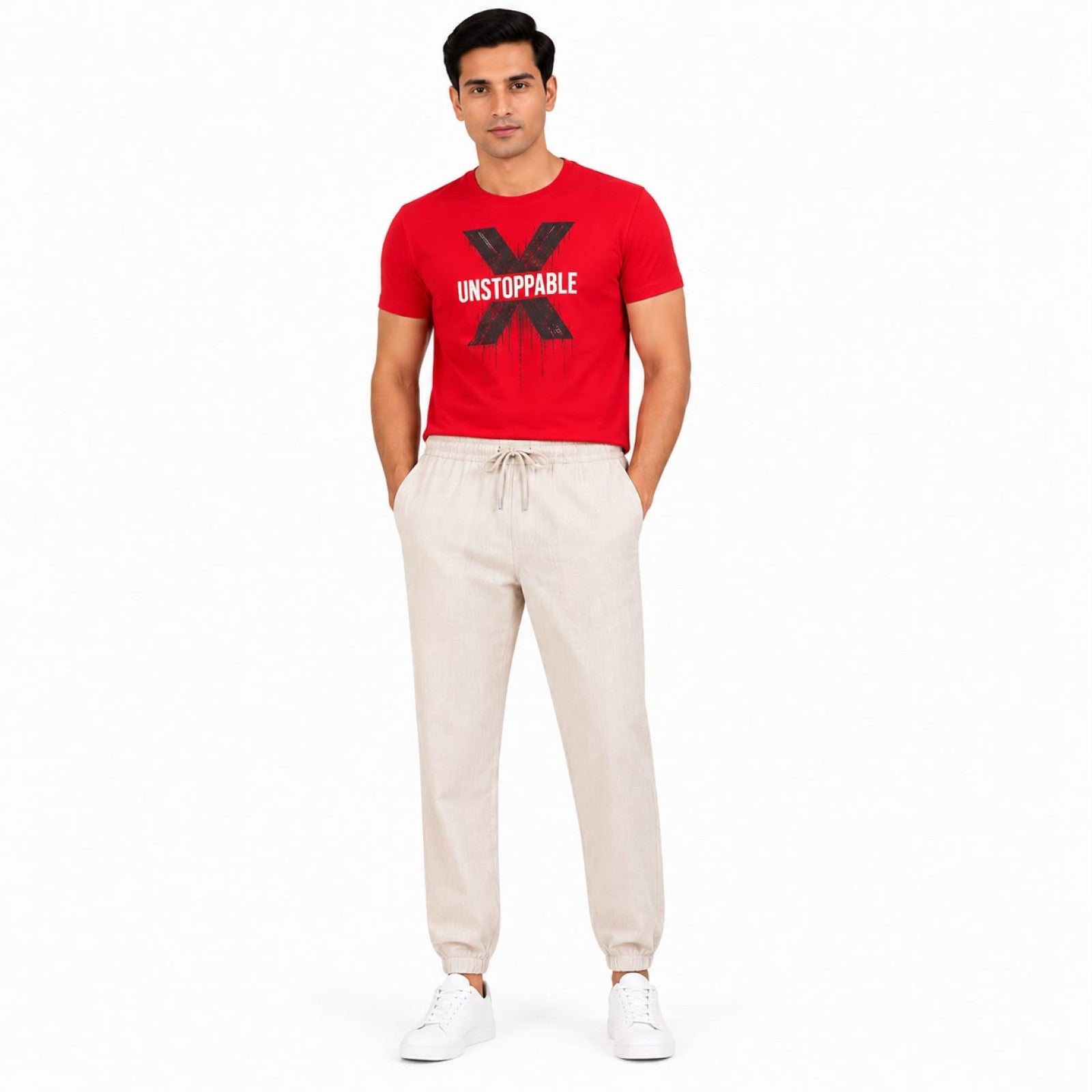 Men's Off White Elastic Waist Jogger Pants with Drawstring Detail-1
