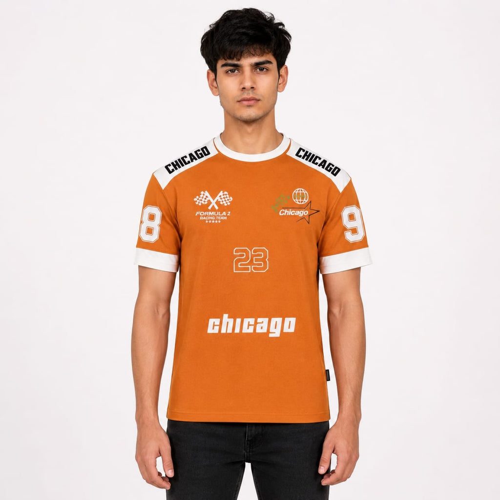 Men's Orange Motorsport Graphic Contrast Panel Crew Neck T-Shirt | Regular Fit Half Sleeve Casual Tee-1
