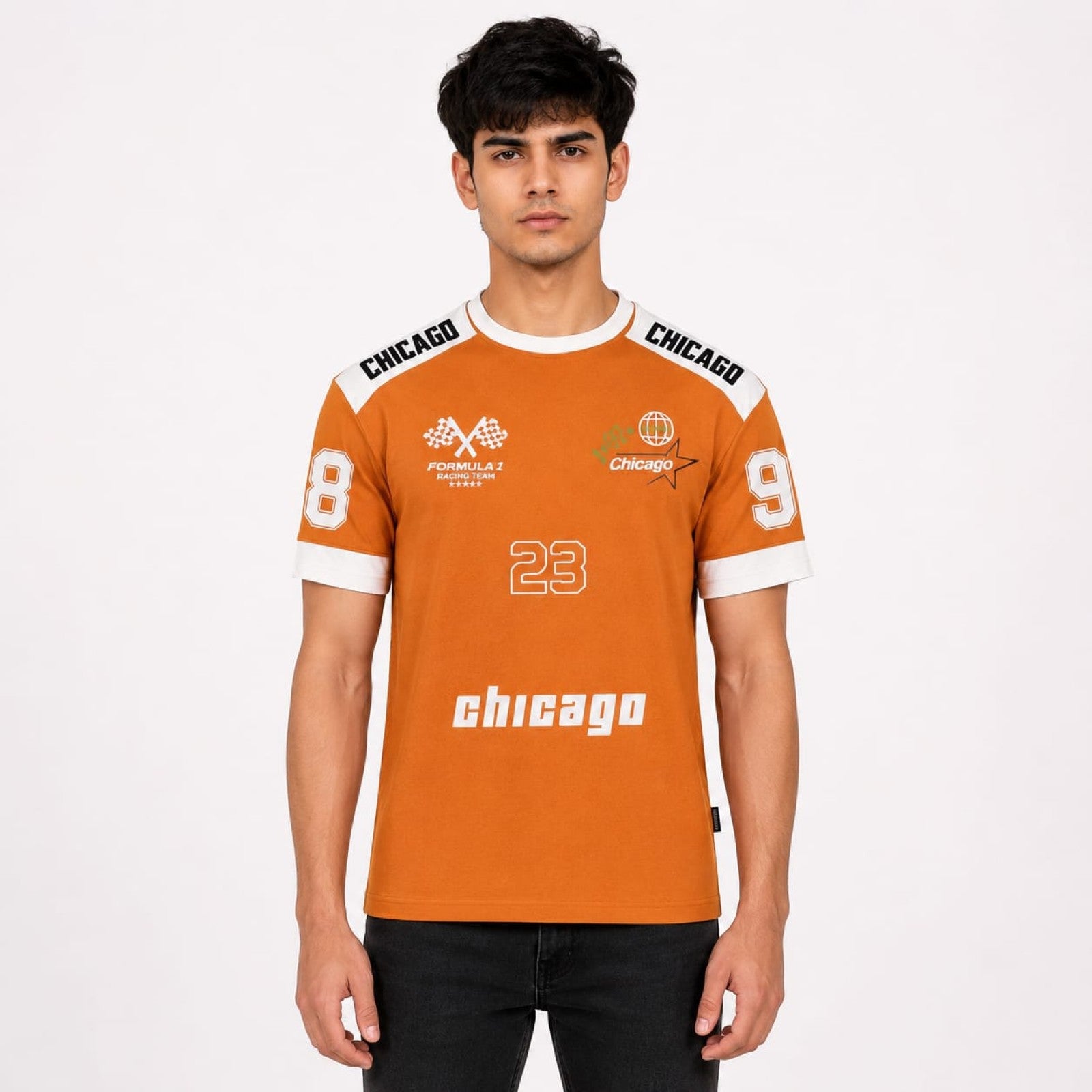 Men's Orange Motorsport Graphic Contrast Panel Crew Neck T-Shirt | Regular Fit Half Sleeve Casual Tee-1
