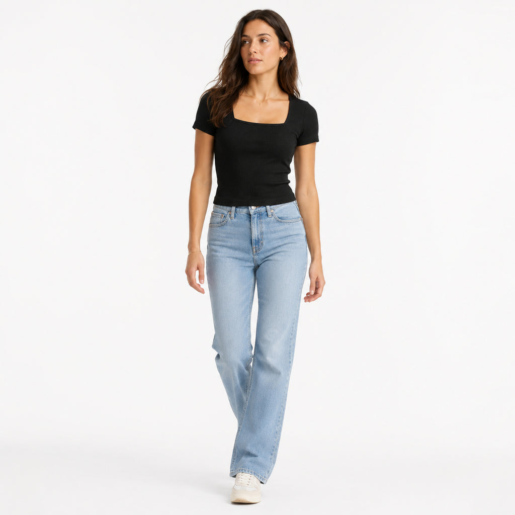 Women's Black Square Neck Ribbed Short Sleeve Top | Sleek Everyday Fitted Tee-1