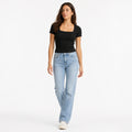 Women's Black Square Neck Ribbed Short Sleeve Top | Sleek Everyday Fitted Tee-1