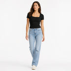 Women's Black Square Neck Ribbed Short Sleeve Top | Sleek Everyday Fitted Tee-1