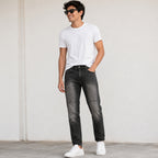 Men's Black Washed Panel Detail Straight Fit Denim Jeans-2