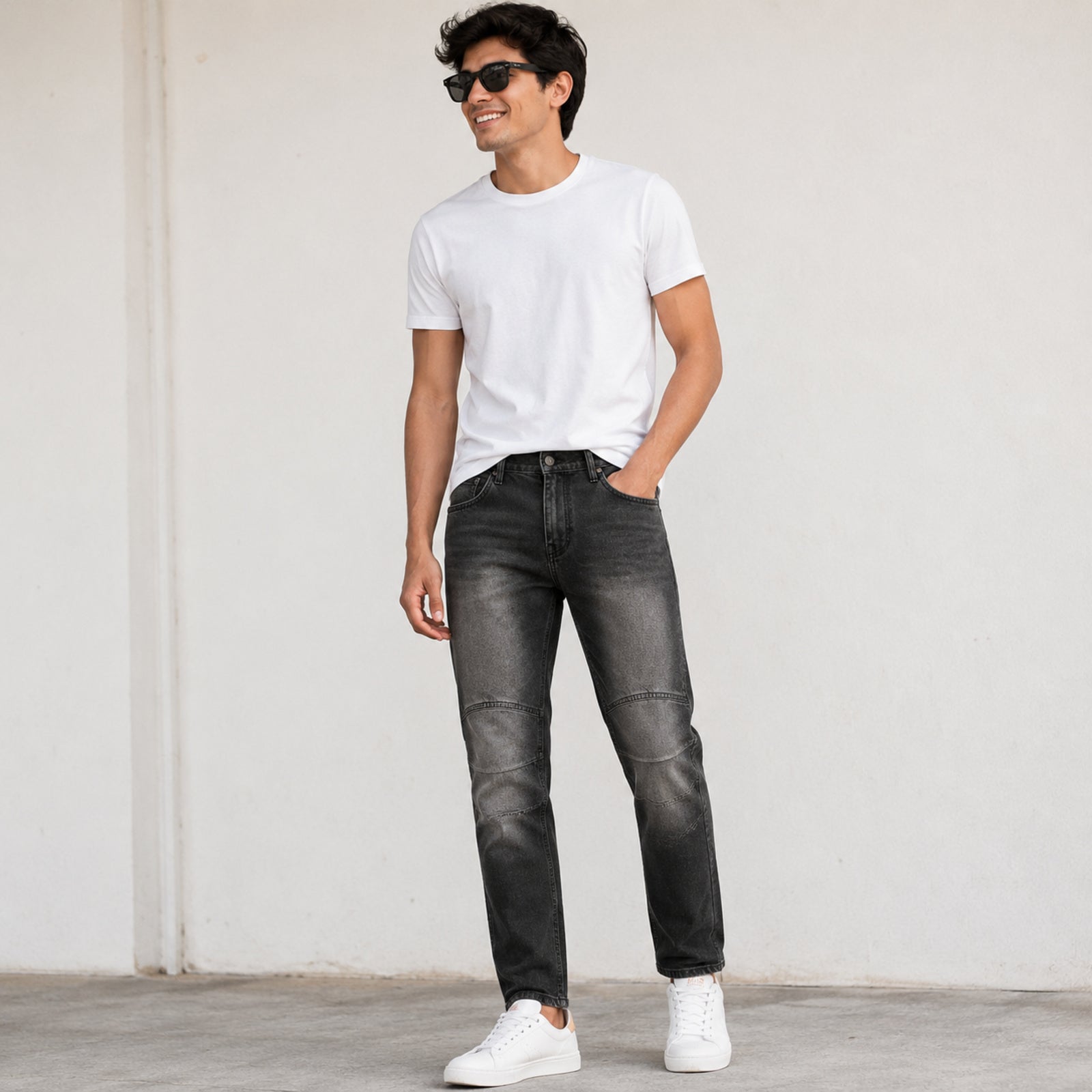 Men's Black Washed Panel Detail Straight Fit Denim Jeans-2