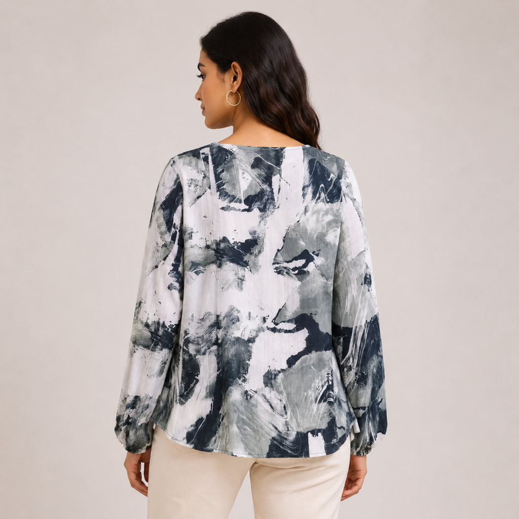 Women's Contemporary Abstract Watercolor Print Keyhole Tunic Top-4