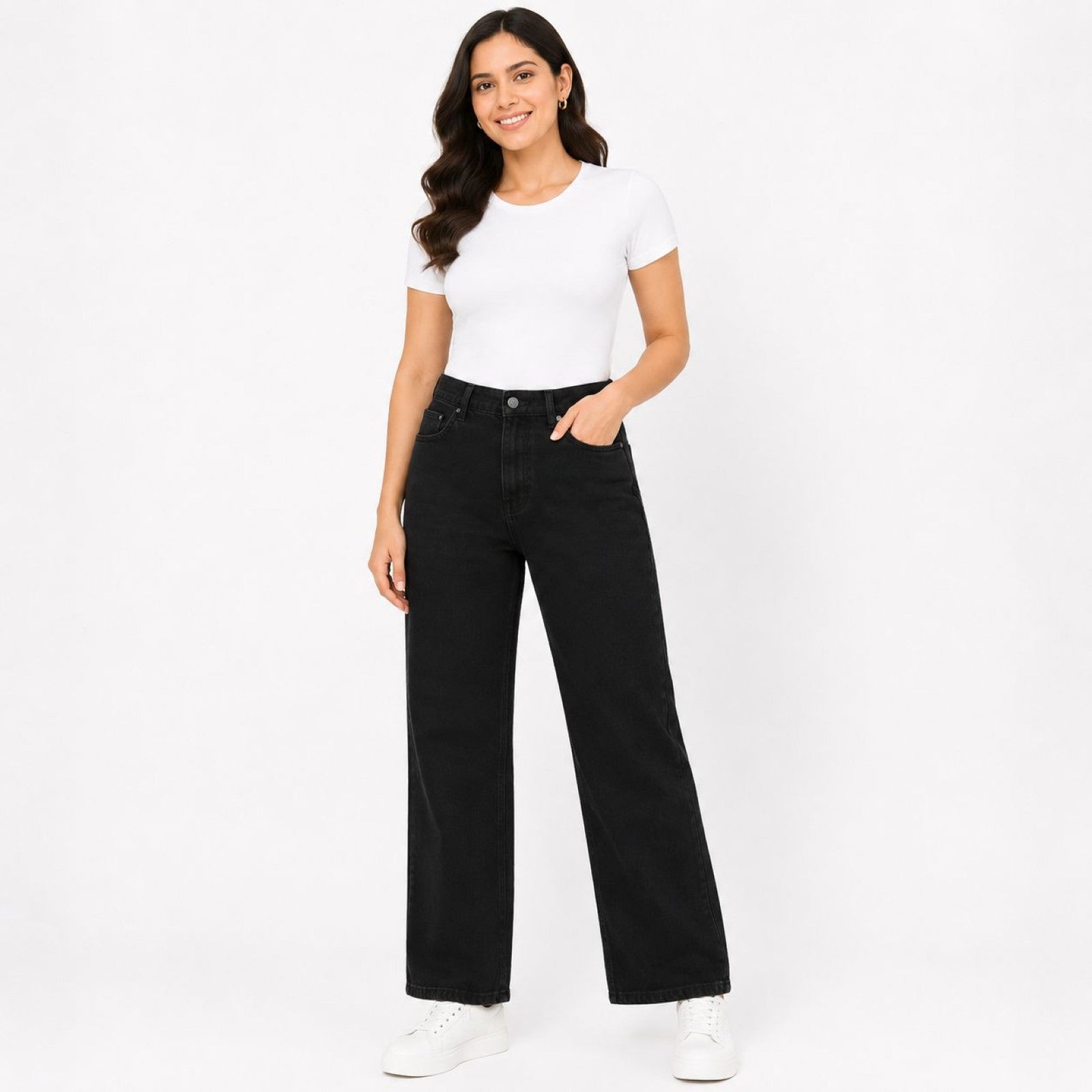 Women's Black High-Rise Wide Leg Jeans | Classic Straight Fit Denim Pants-1