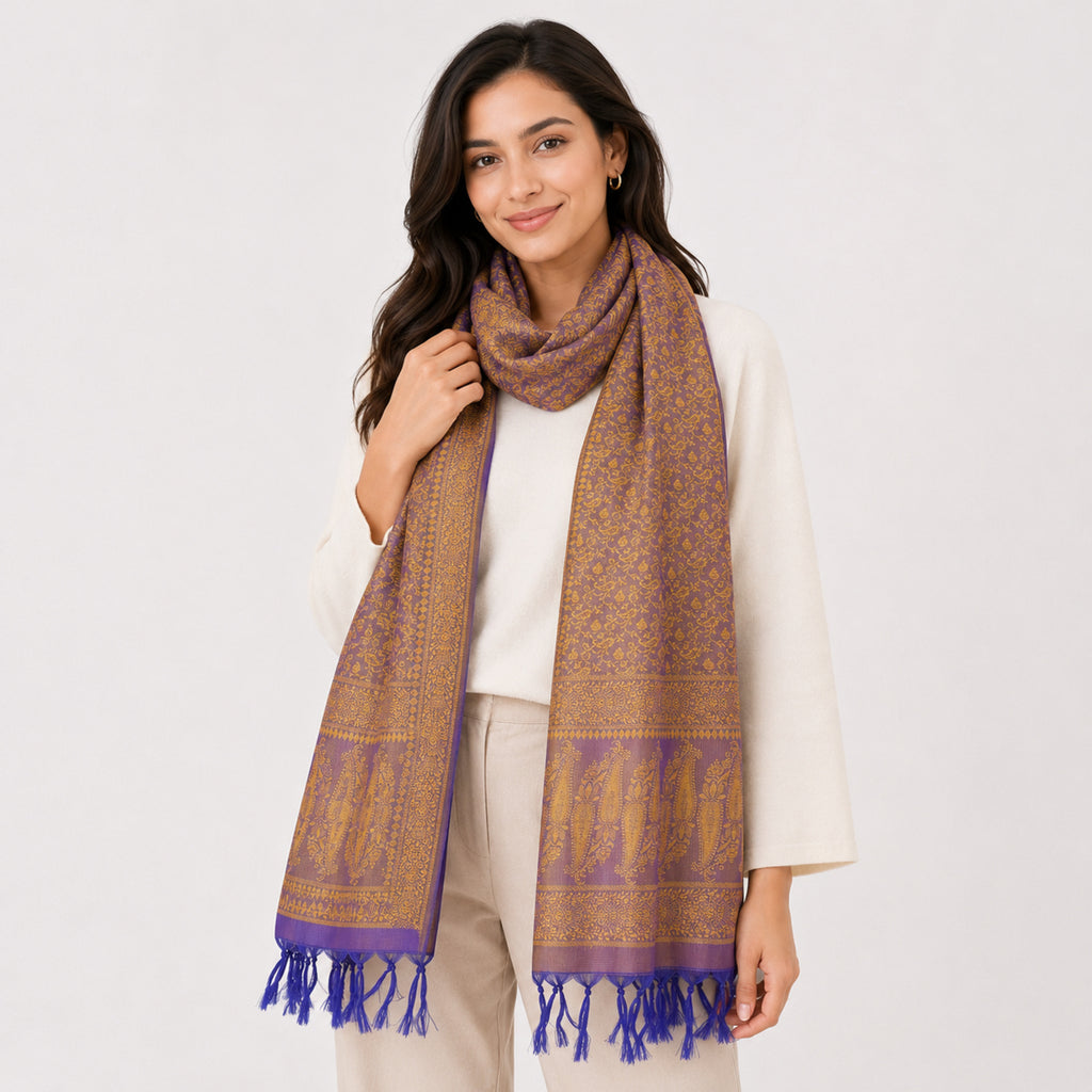 Women's Luxury Jacquard Golden Silk Stole with Purple Border and Tassel Fringe-1