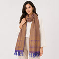 Women's Luxury Jacquard Golden Silk Stole with Purple Border and Tassel Fringe-1