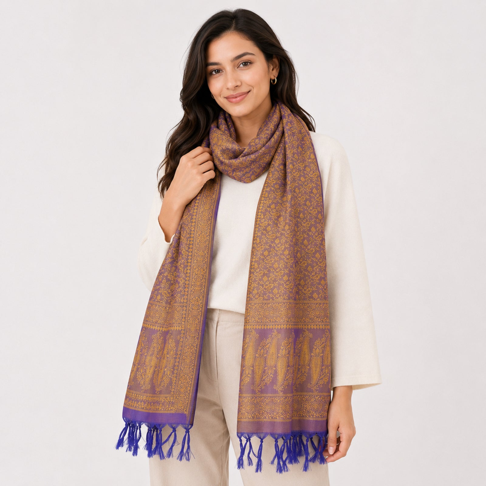 Women's Luxury Jacquard Golden Silk Stole with Purple Border and Tassel Fringe-1