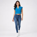 Women's Teal V-Neck Cap Sleeve Panelled Fitted Crop Top | Solid Modern Casual Blouse-1
