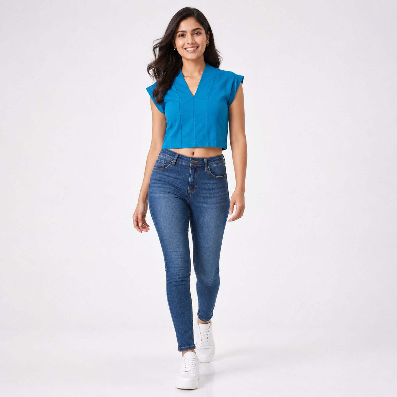 Women's Teal V-Neck Cap Sleeve Panelled Fitted Crop Top | Solid Modern Casual Blouse-1