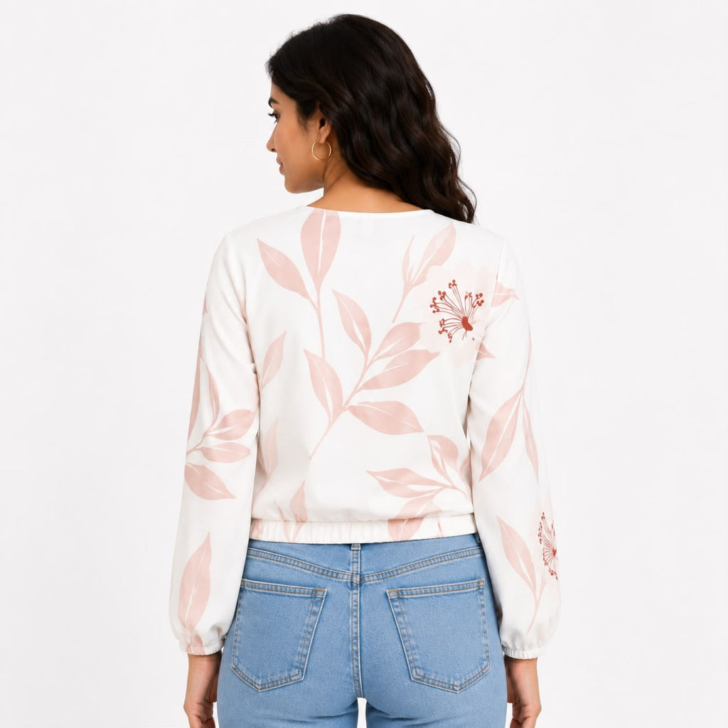 Women's White Leaf Print V-Neck Long Sleeve Top-4
