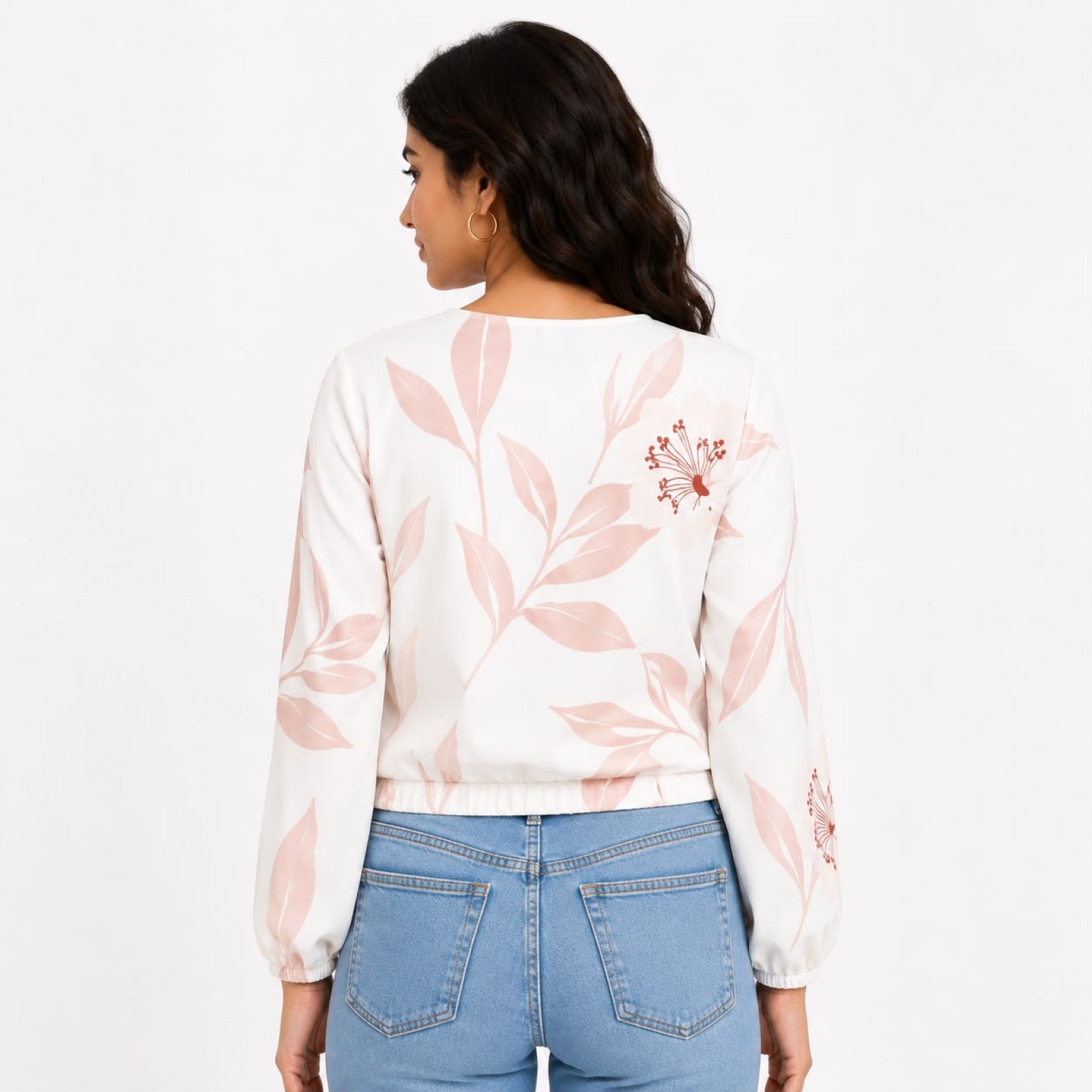 Women's White Leaf Print V-Neck Long Sleeve Top-4