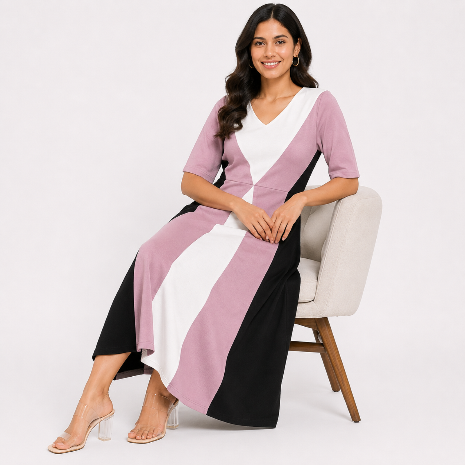 Women's Pink Color Block V-Neck Half Sleeve Maxi Dress-4