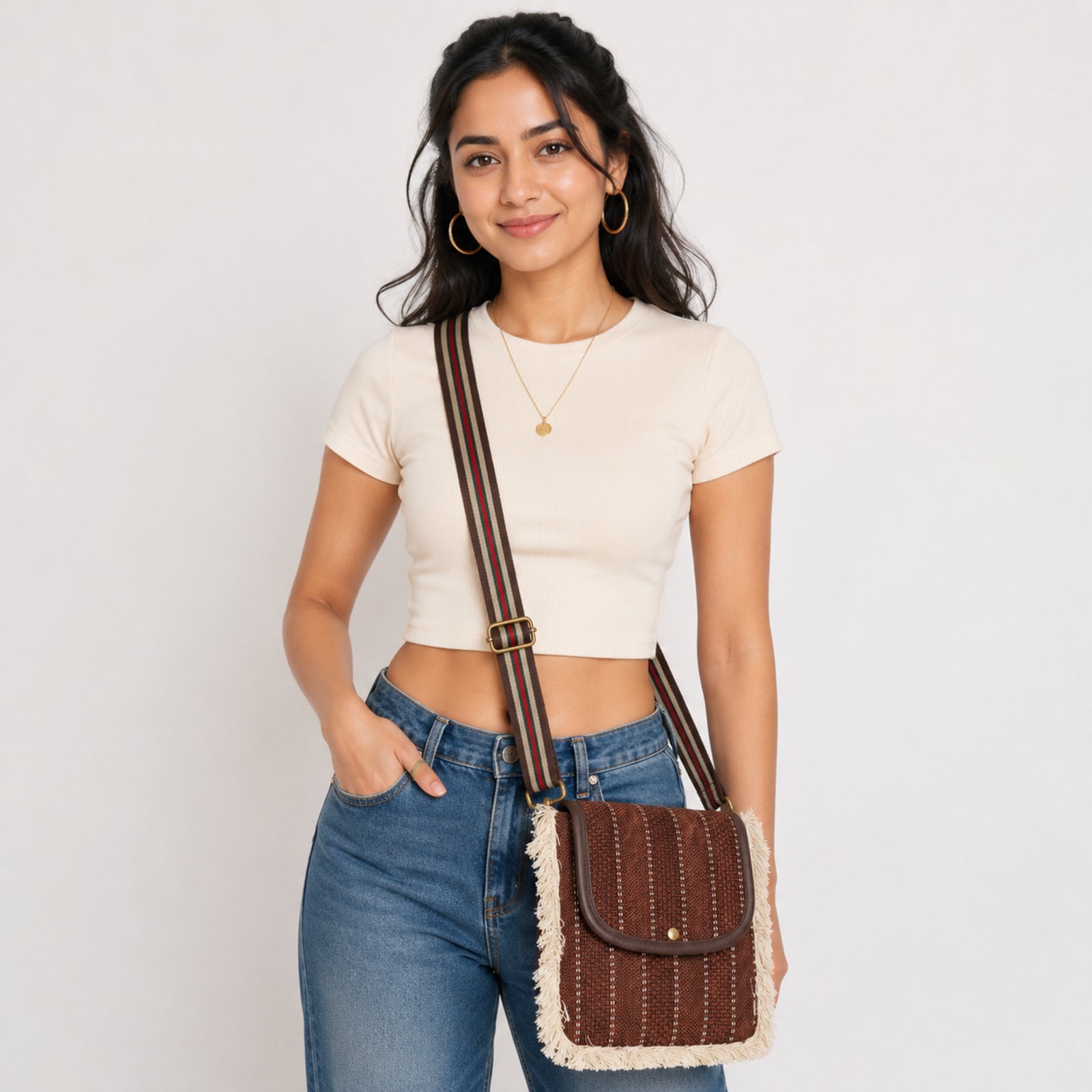 Women's Red Textured Fringe Crossbody Sling Bag with Adjustable Strap-1