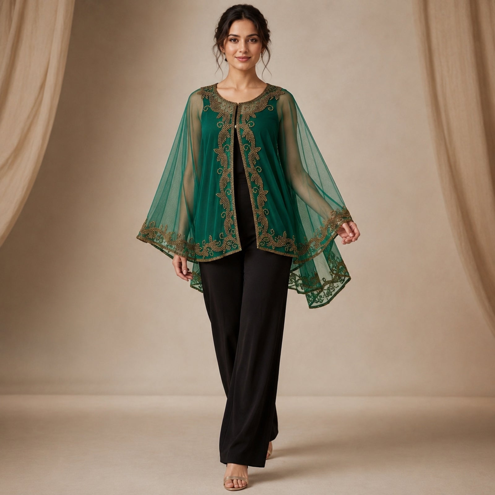 Women's Elegant Hand-Embroidered Green Sheer Cape Overlay Top with Trousers Set-2
