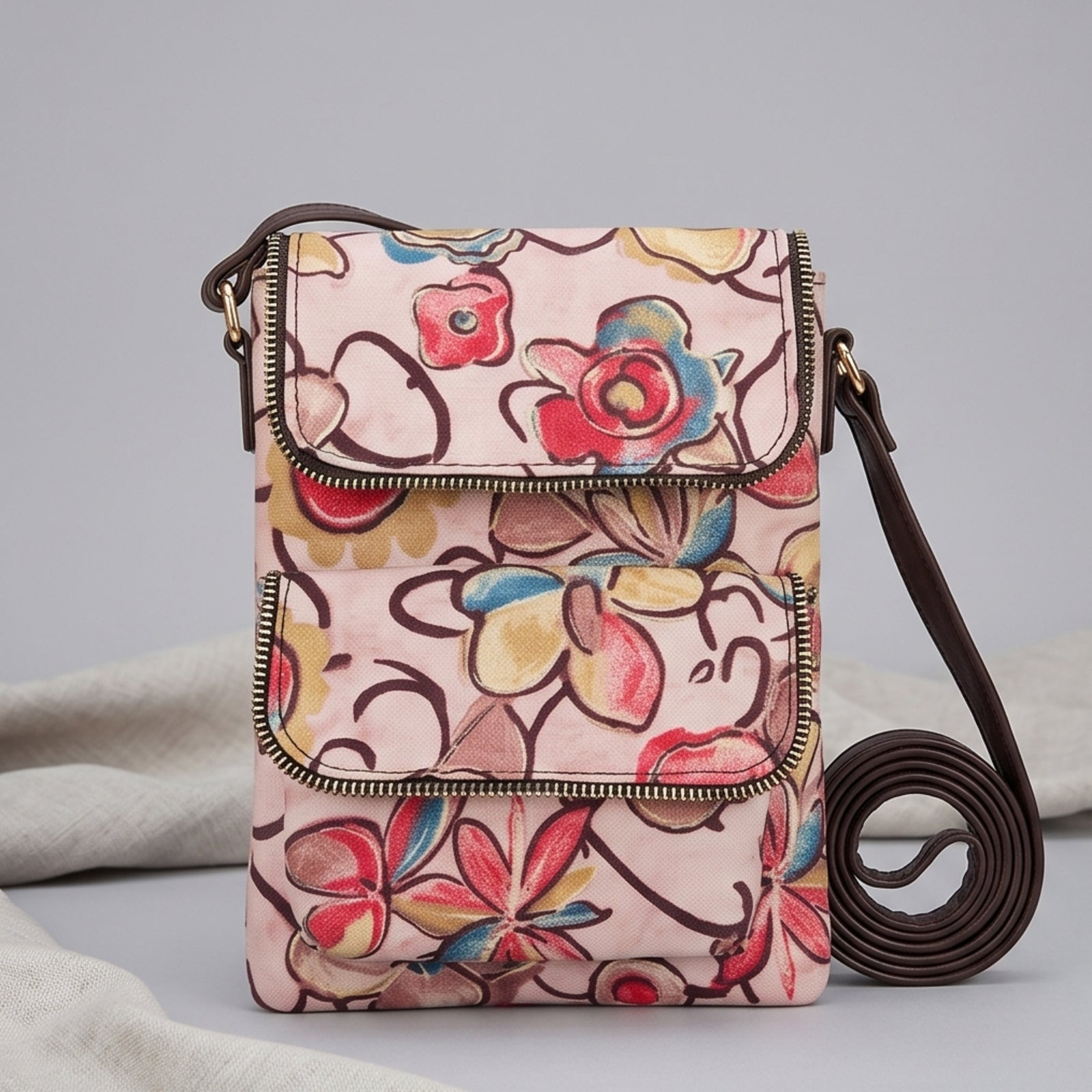 Women's Light Pink Floral Print Crossbody Sling Bag with Adjustable Strap-1