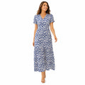 Women's Blue Ikat Print Tiered Maxi Dress with Ruffle Sleeves-1
