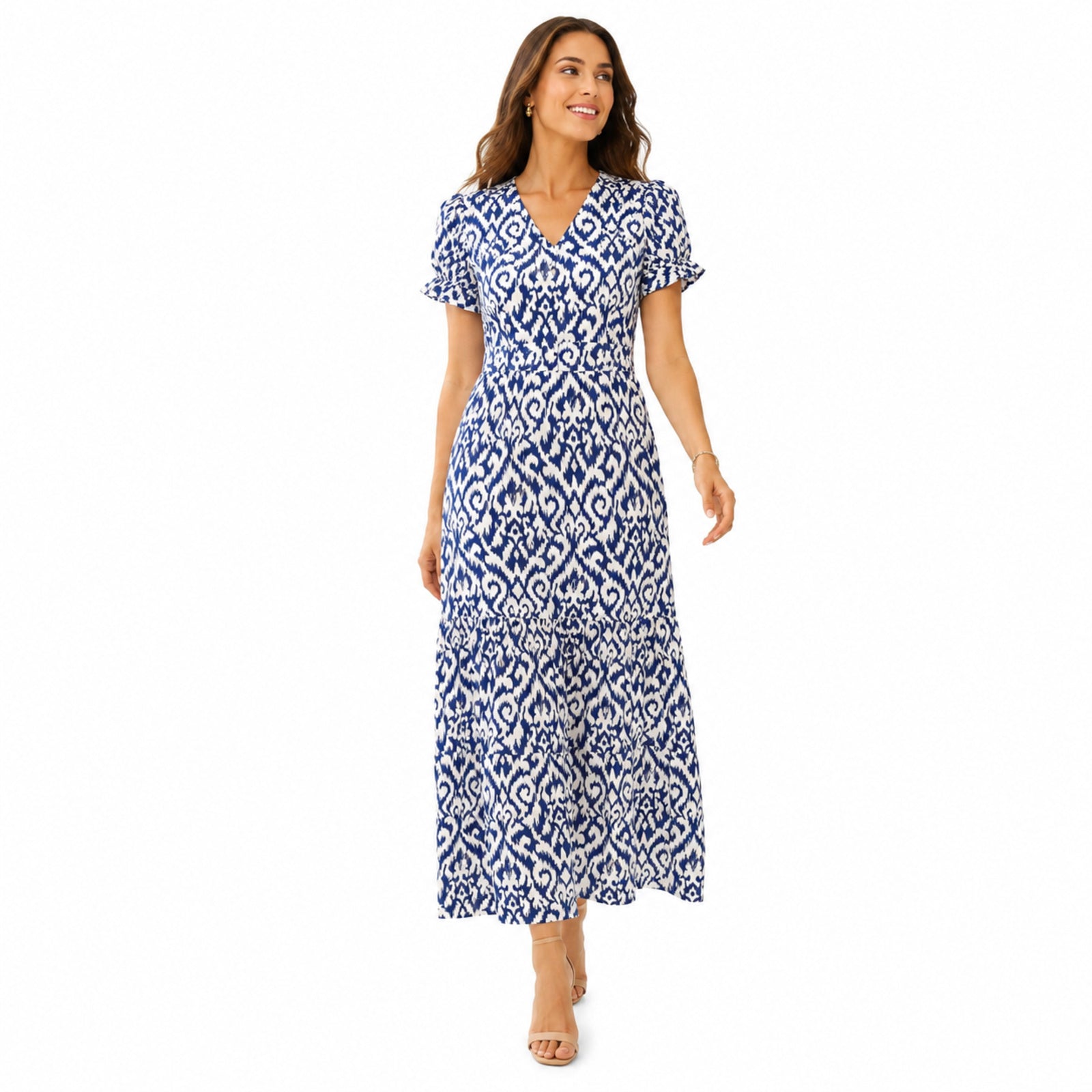 Women's Blue Ikat Print Tiered Maxi Dress with Ruffle Sleeves-1
