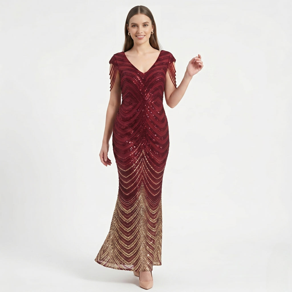 Ruby Glam Fringe Sequin Evening Gown-3