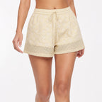 Women's Yellow Floral Lace Drawstring High-Rise Casual Shorts-1