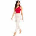 Women's Red Asymmetric One-Shoulder Double Strap Fitted Crop Top | Solid Statement Casual Top-1