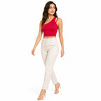 Women's Red Asymmetric One-Shoulder Double Strap Fitted Crop Top | Solid Statement Casual Top-1