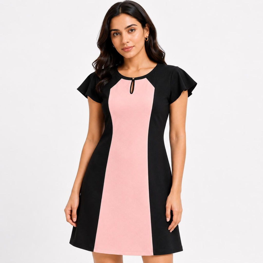 Women's Peach & Black Color Block Cap Sleeve Sheath Mini Dress-2