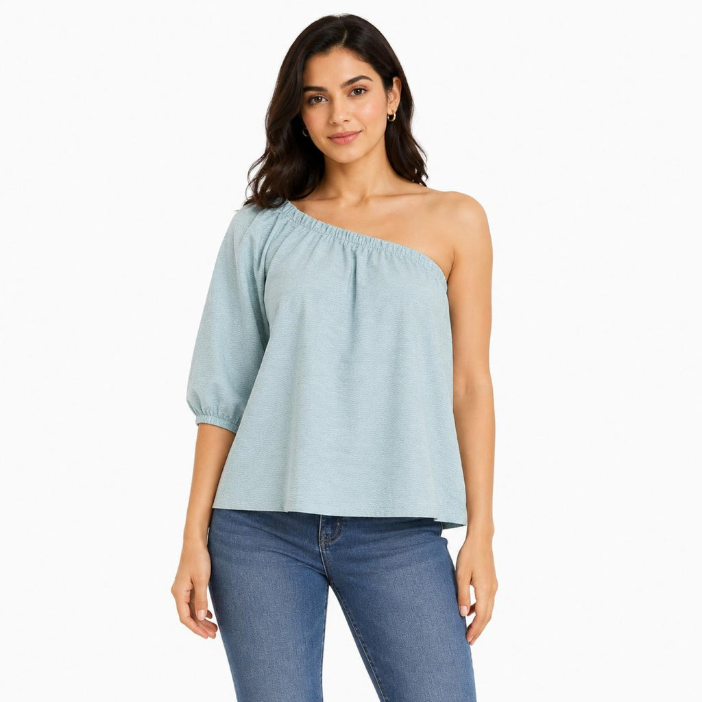 Women's Sky Blue One-Shoulder Puff Sleeve Top-1