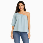 Women's Sky Blue One-Shoulder Puff Sleeve Top-1