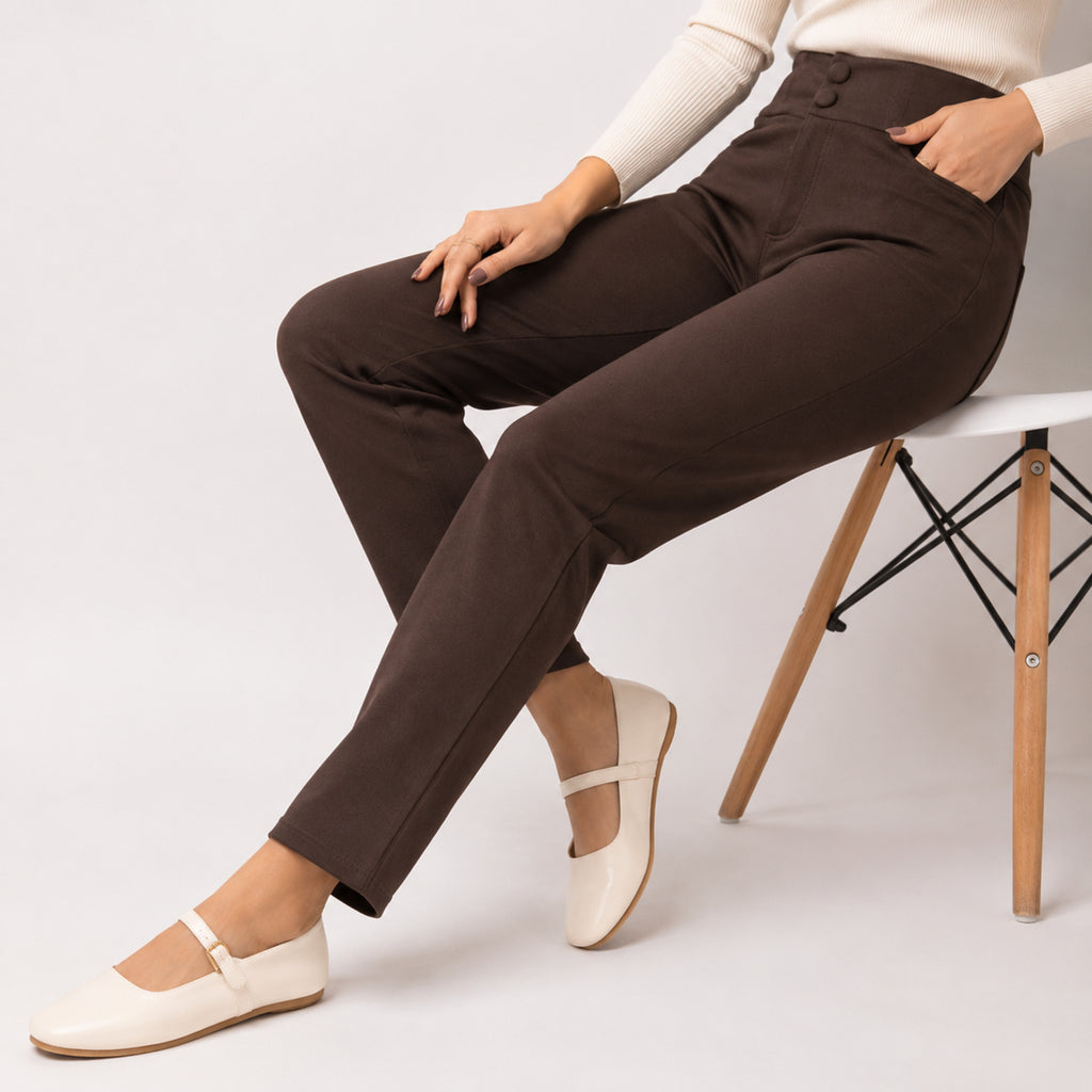 Women's Coffee Brown High-Rise Slim Fit Pants-2