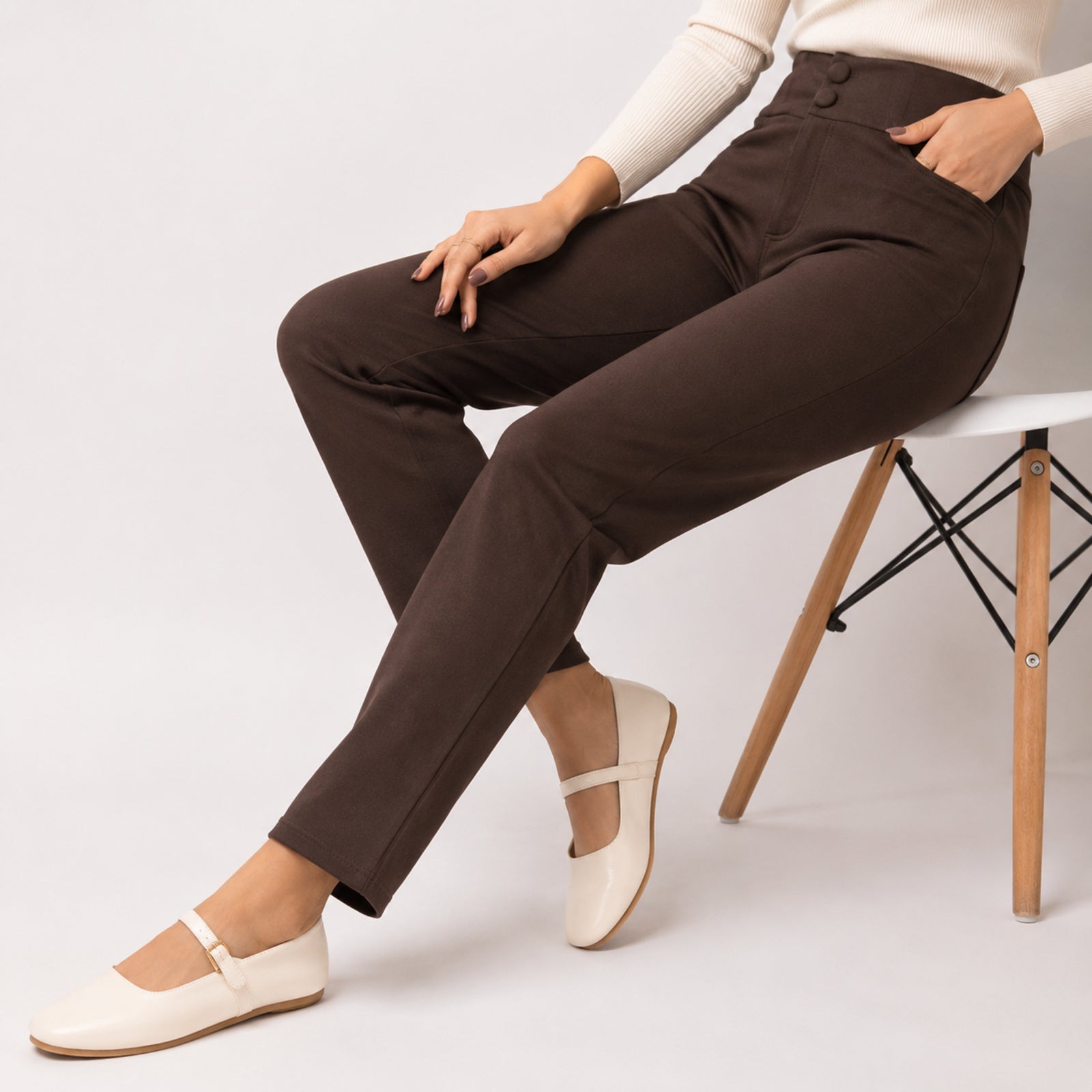Women's Coffee Brown High-Rise Slim Fit Pants-2
