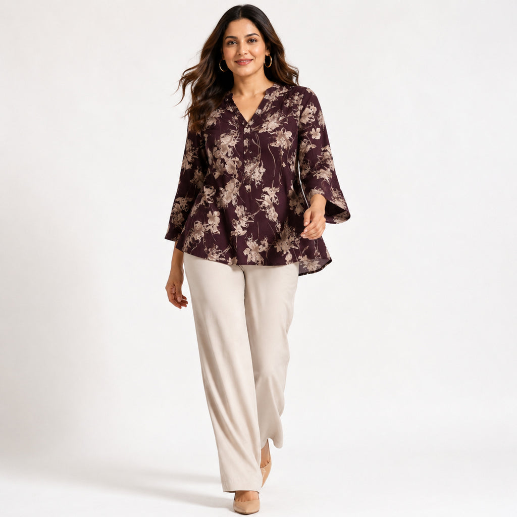 Women's Brown Floral Print V-Neck Flared Top with Three-Quarter Bell Sleeves-1