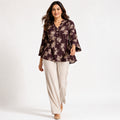Women's Brown Floral Print V-Neck Flared Top with Three-Quarter Bell Sleeves-1