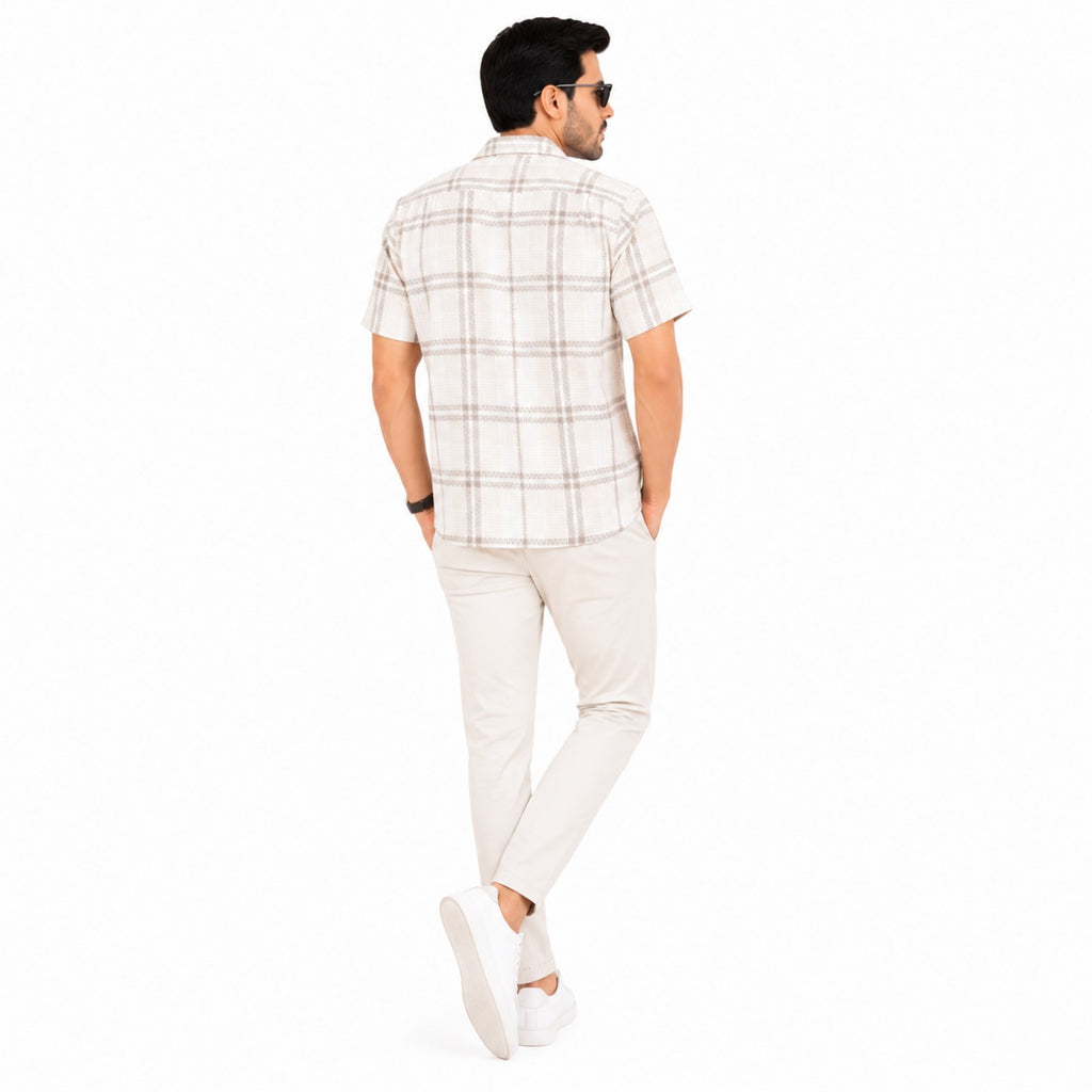Men's Beige Windowpane Check Casual Half Sleeve Shirt-2