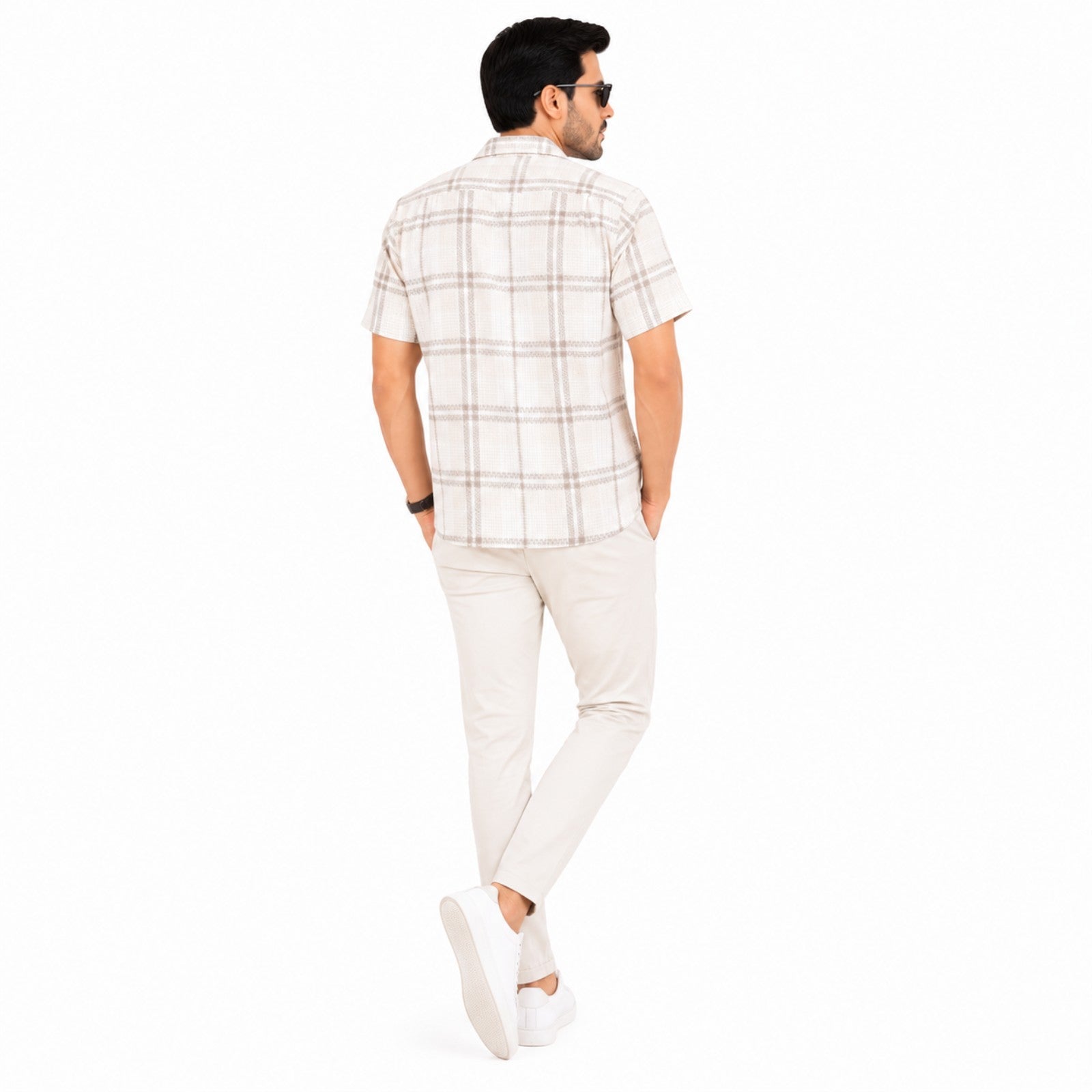 Men's Beige Windowpane Check Casual Half Sleeve Shirt-2