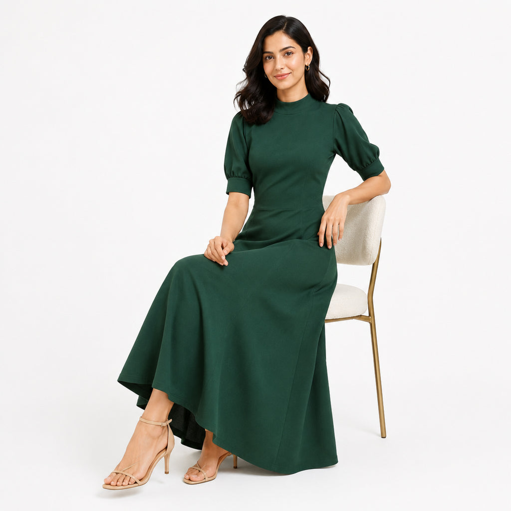 Women's Green Solid Mock Neck Fit & Flare Midi Dress with Puff Sleeves-2