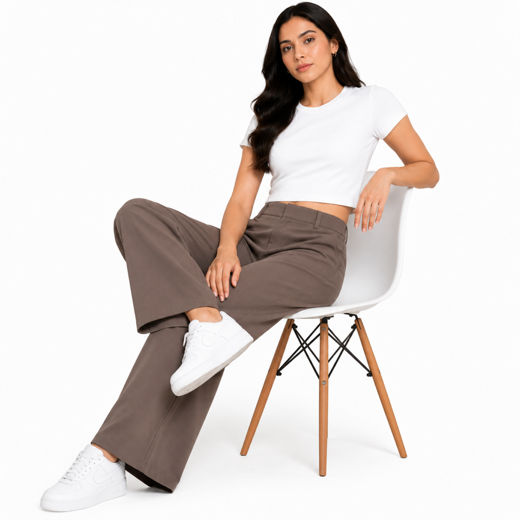 Women's Brown High-Waist Wide Leg Formal Trousers-3