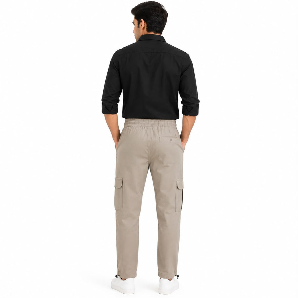 Men's Beige Elastic Waist Utility Cargo Pants with Zip Pocket Detail-4