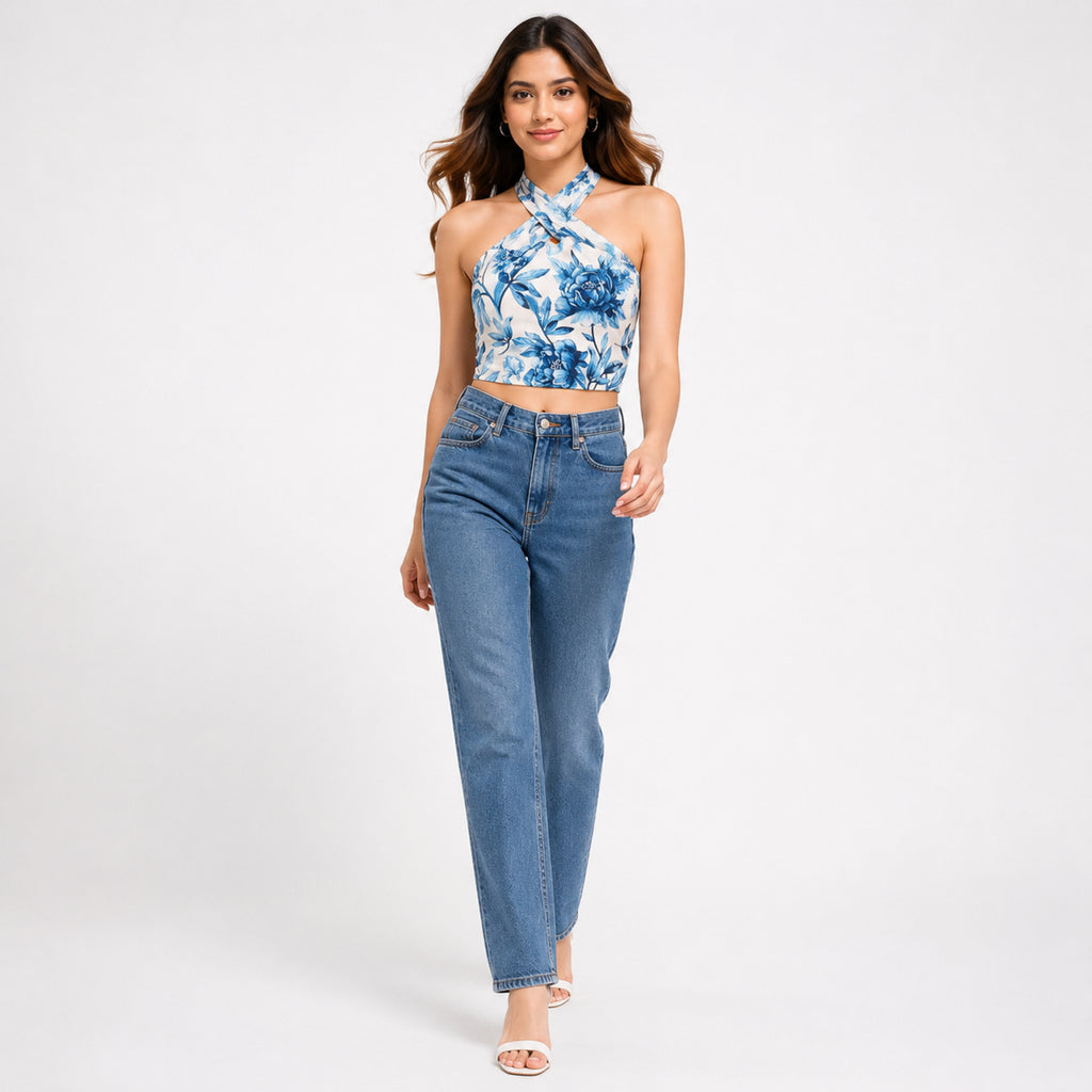 Women's Blue Floral Print Halter Neck Crop Top-3
