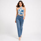 Women's Blue Floral Print Halter Neck Crop Top-3