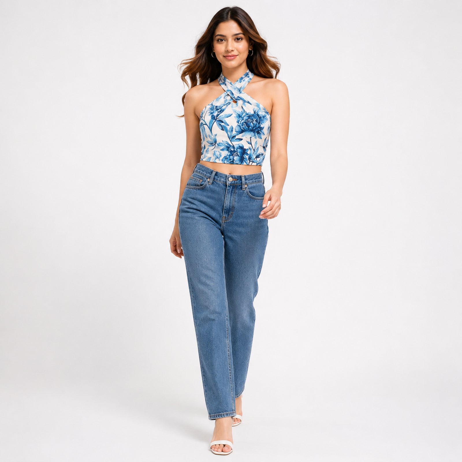 Women's Blue Floral Print Halter Neck Crop Top-3