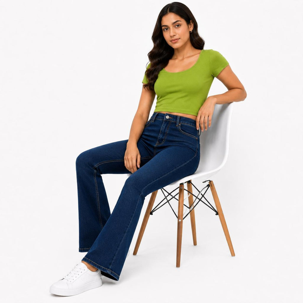 Women's Dark Blue Flared High-Rise Jeans | Casual Everyday Denim Pants-2