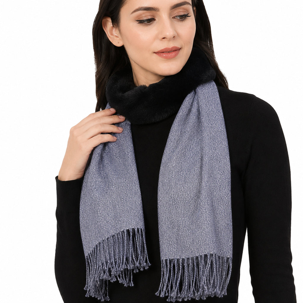Women's Slate Grey Faux Fur Trim Winter Scarf-4