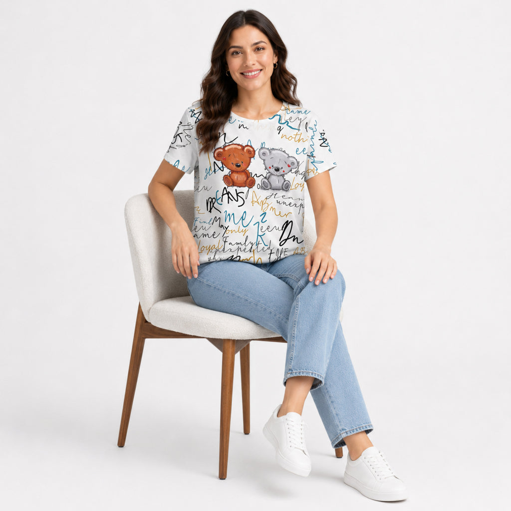 Women's Off White Teddy Bear Graphic Printed T-Shirt | Casual Everyday Cotton Tee-3