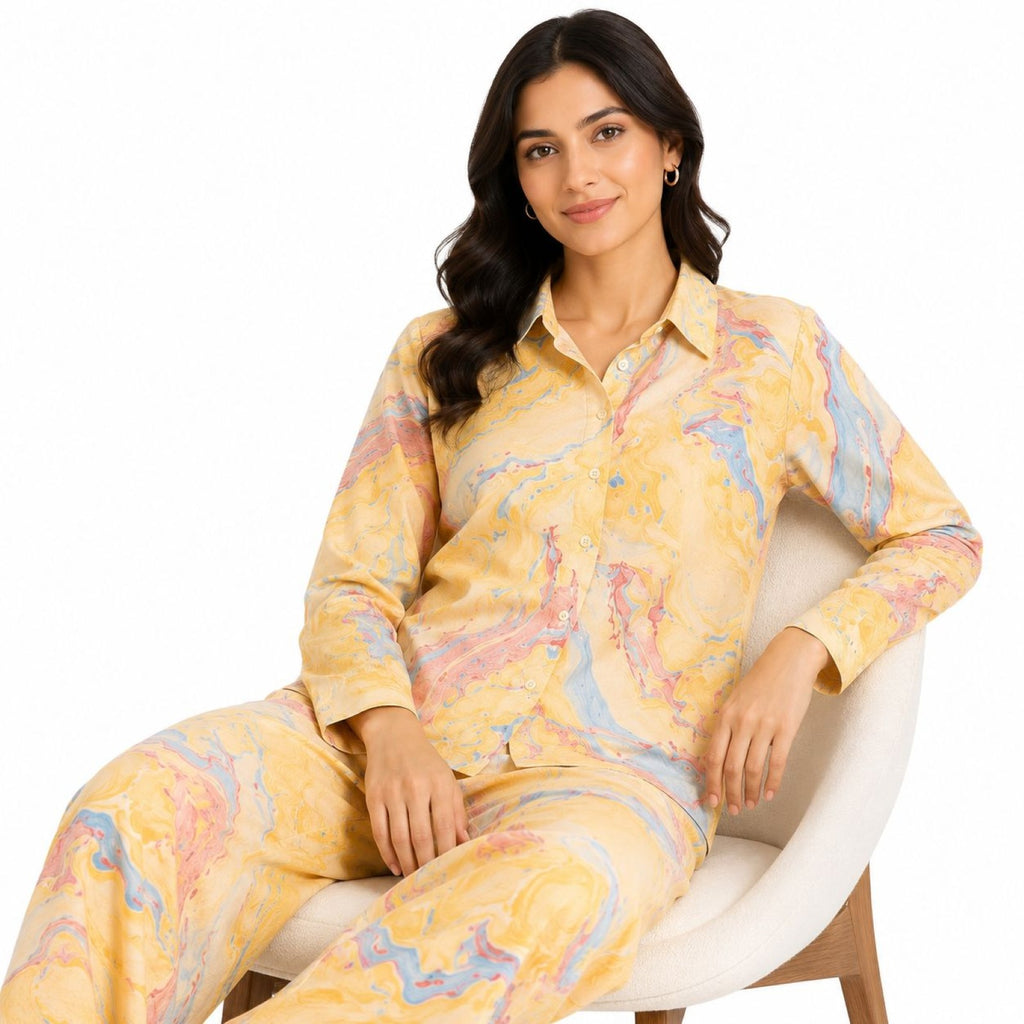 Women's Yellow Marble Print Collared Shirt and Wide-Leg Pyjama Co-Ord Set | Relaxed Lounge Set-3