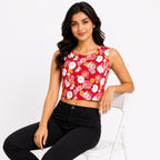 Women's Red Floral Printed Sleeveless Crop Top-2
